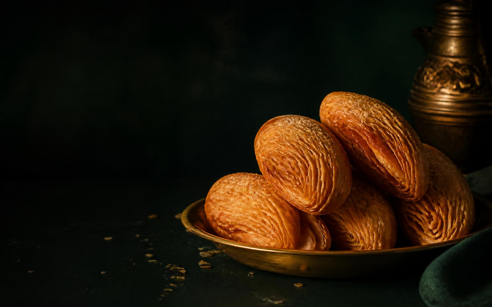 Authentic Puri Khaja, crisp golden layers, on a brass plate