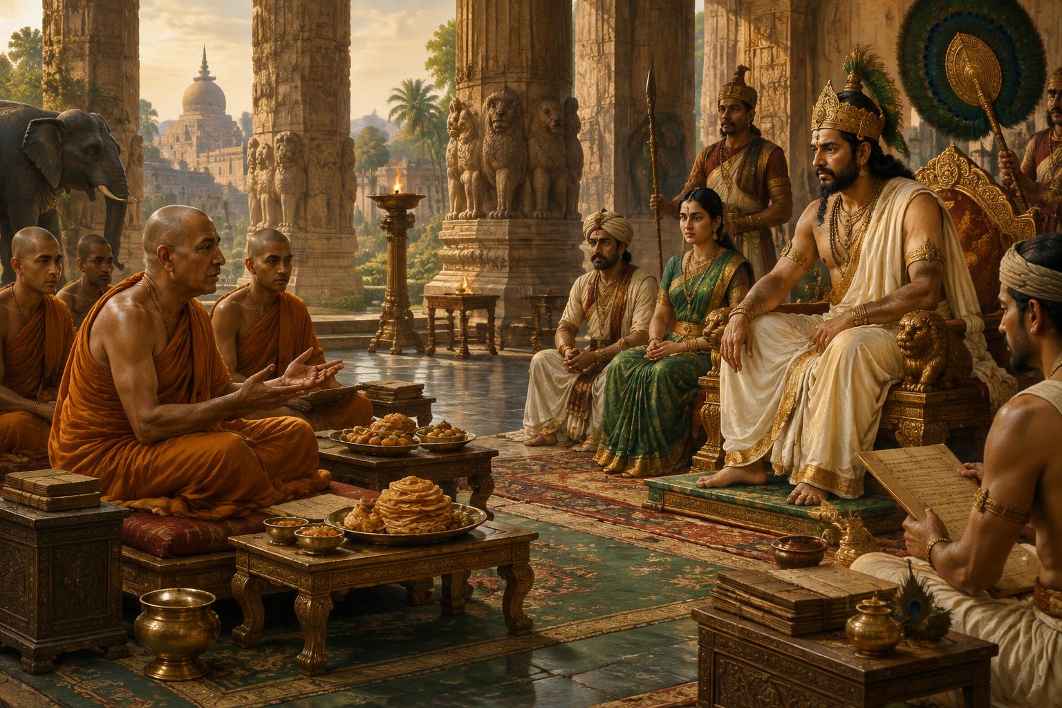An artistic interpretation of a Mauryan-era court and layered pastries
