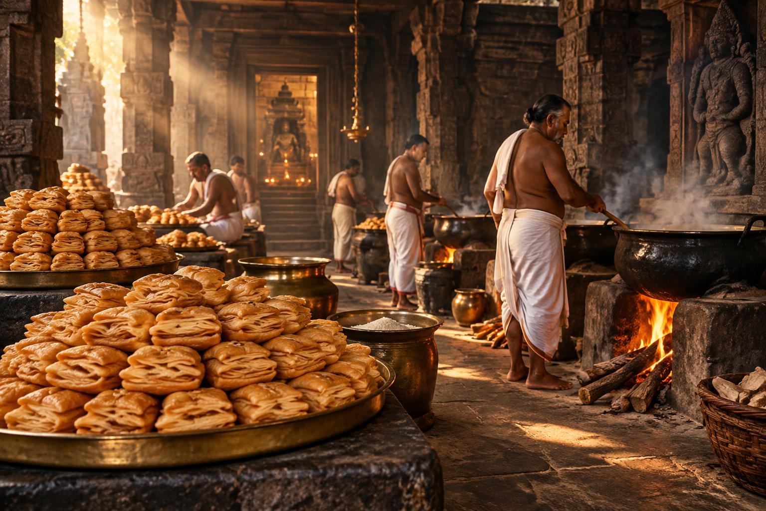 An artistic interpretation of cooks preparing Khaja in a Kalinga temple kitchen
